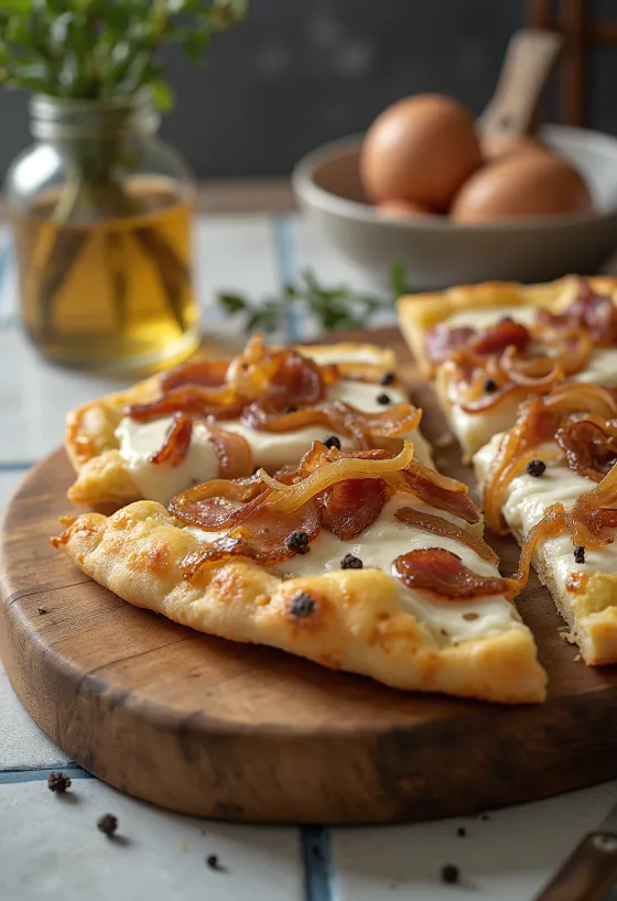Flammkuchen dengan krim asam, bawang, dan daging sapi asap