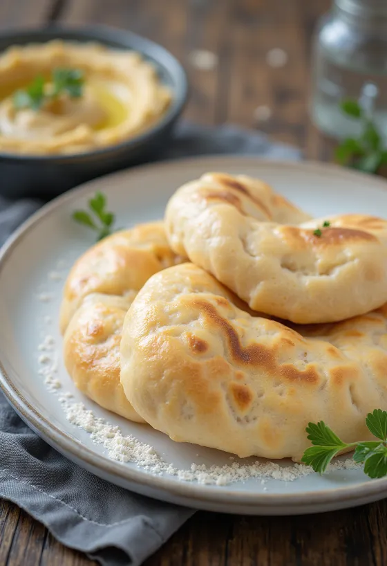 Roti pita bebas gluten dipanggang cokelat keemasan, disajikan di papan pedesaan