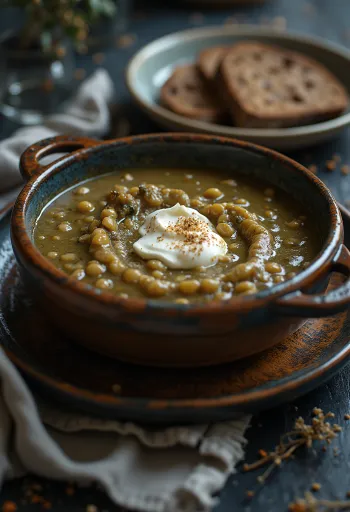Stew lentil krimi ditaburi peterseli segar, disajikan dengan telur mata sapi dan irisan sosis goreng.