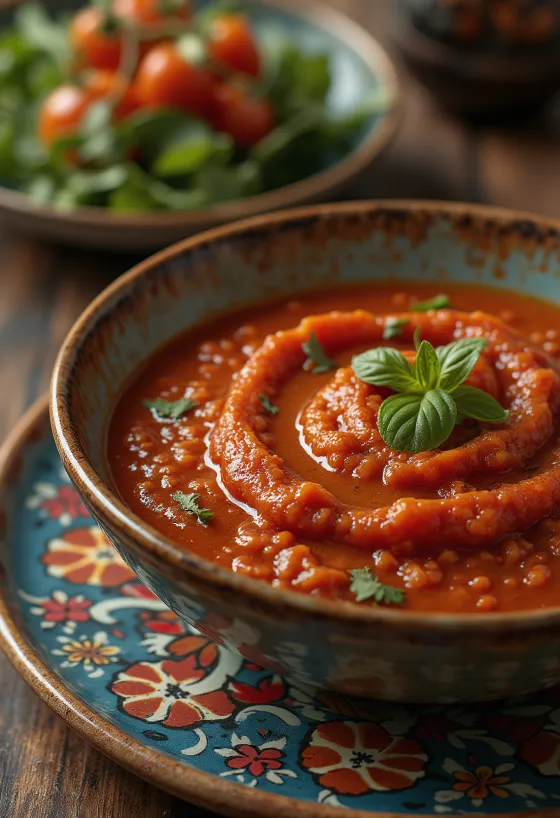 Saus merah tua berasap dengan tekstur pedesaan