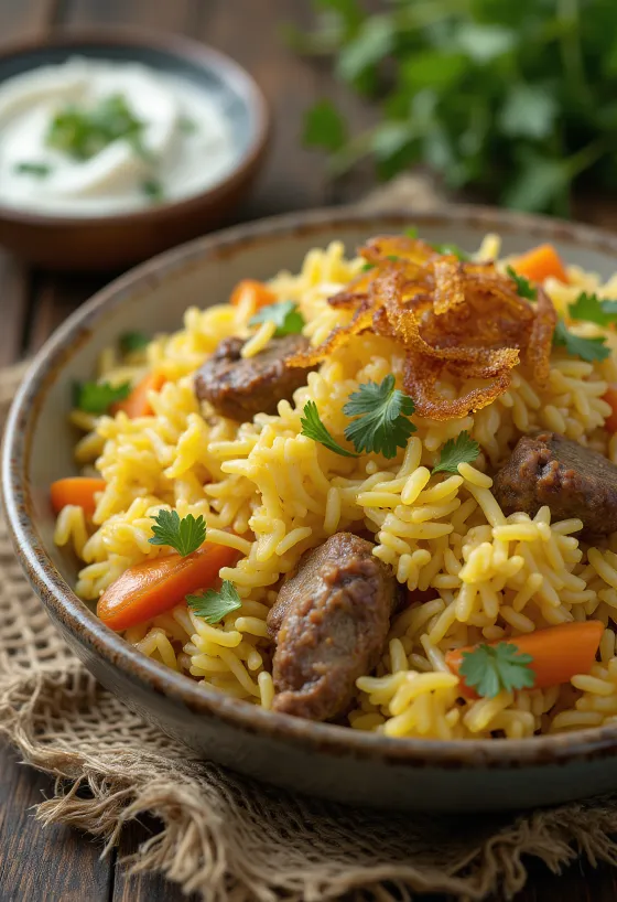 Biryani sayur dengan domba, nasi berbumbu kaya dan daging domba empuk