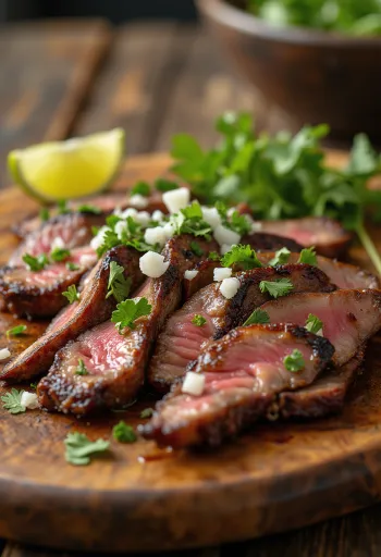 Carne asada disajikan dengan tortilla dan salad