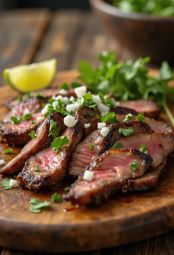 Carne asada disajikan dengan tortilla dan salad