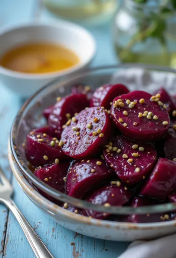 salad buah bit disajikan dengan sayuran segar dan saus cuka balsamik