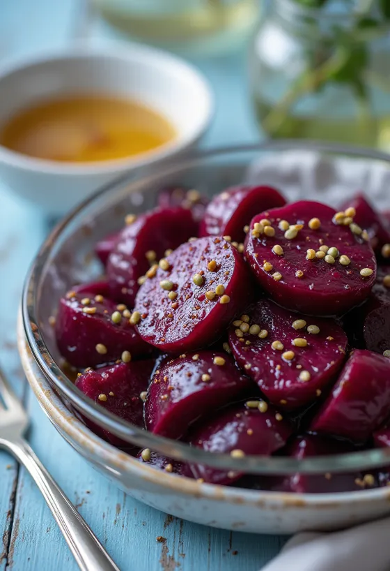 salad buah bit disajikan dengan sayuran segar dan saus cuka balsamik