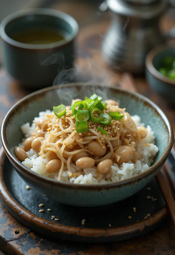 Mangkuk nasi dengan natto dan daun bawang
