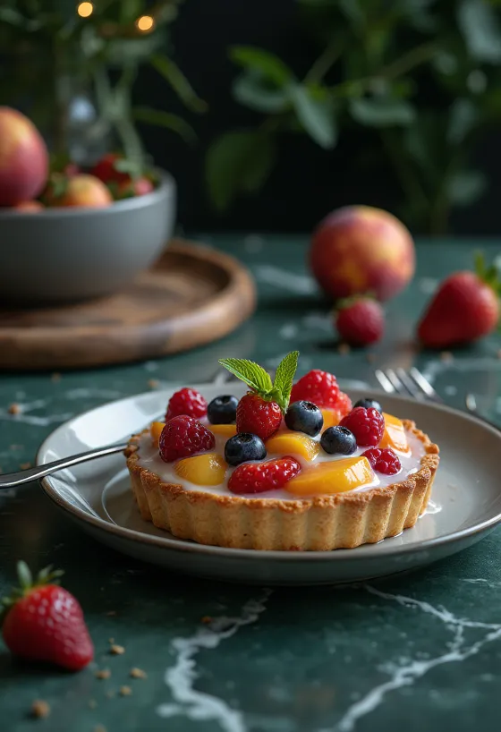 Irisan kue buah segar dihiasi dengan buah-buahan