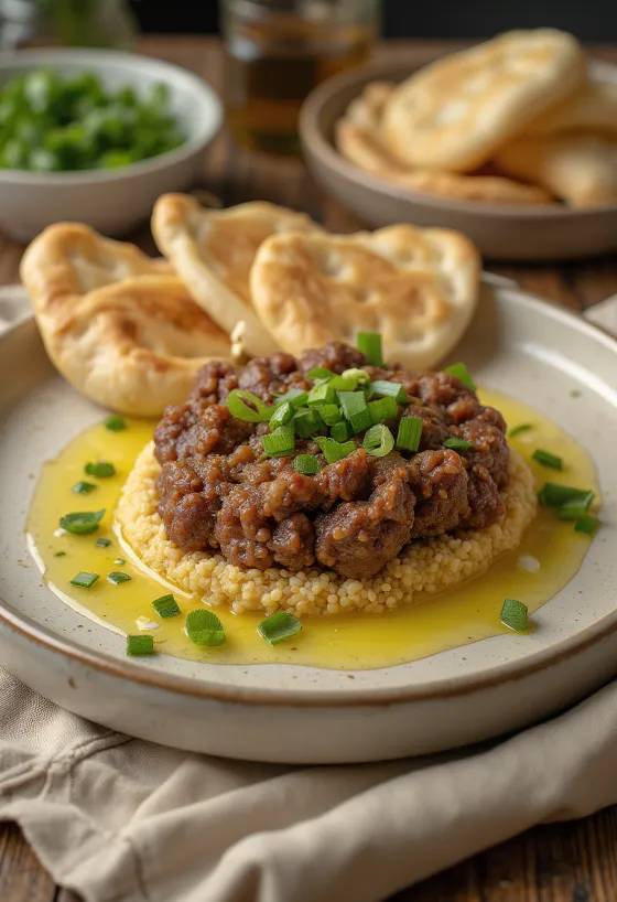 Kibbeh Nayyeh disajikan dengan roti pita segar dan biji delima