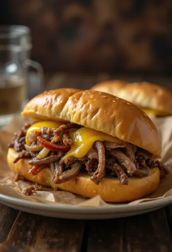 Philly cheesesteak disajikan dengan kentang goreng dan salad