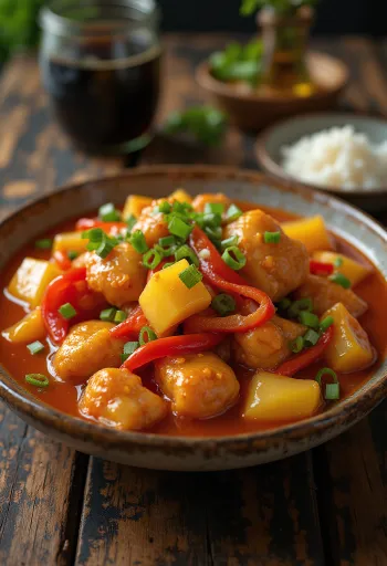 Ayam asam manis Thai disajikan dengan nasi