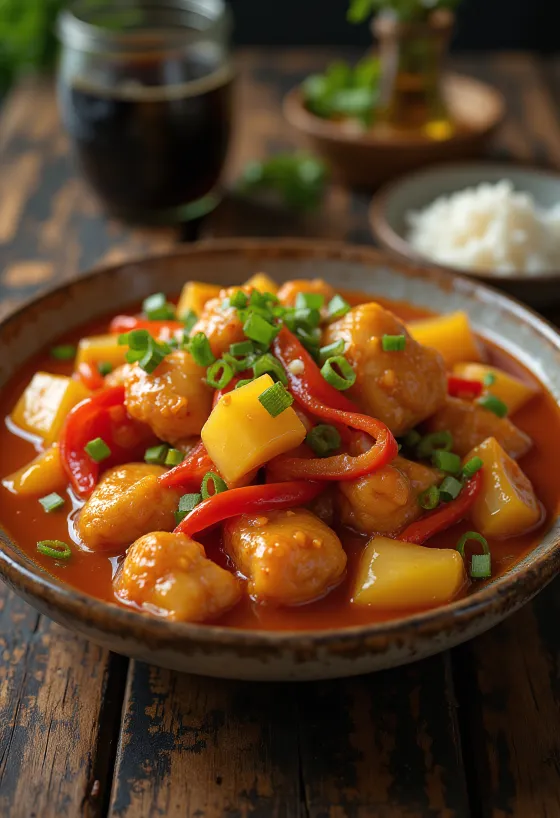 Ayam asam manis Thai disajikan dengan nasi