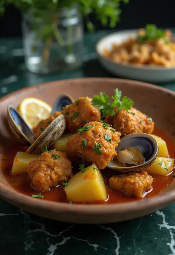 Carne de Vaca à Alentejana hidangan Portugis disajikan