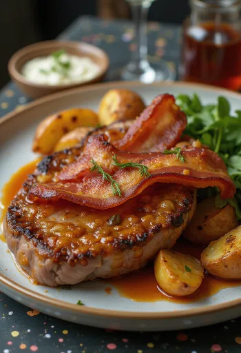 Steak Gipsy dengan irisan daging asap renyah dan sayuran segar disajikan