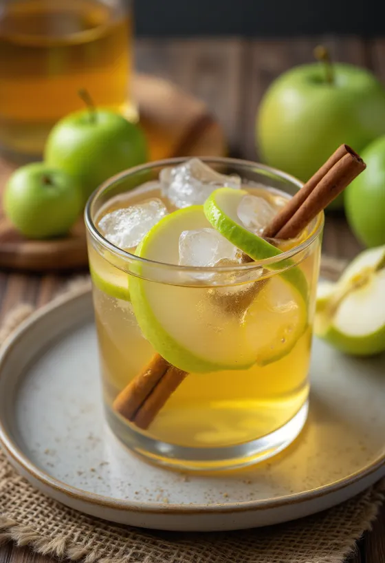 Gelas koktail elegan berisi cider dan Calvados dengan irisan apel