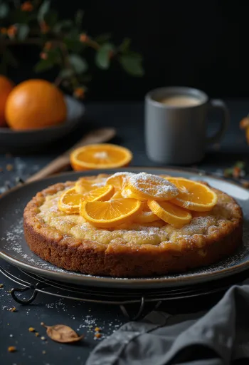Kue jeruk rempah disajikan dengan gula halus dan kulit jeruk
