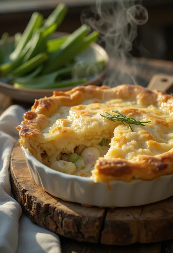 Pai kelinci dan daun bawang disajikan dalam piring rustik dengan puff pastry keemasan.