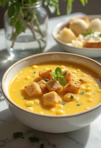 Sup kacang polong kuning disajikan dengan sosis sapi asap dan peterseli segar