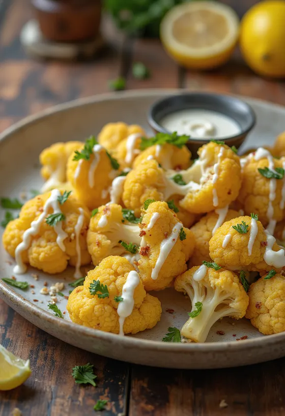Kembang kol panggang saus tahini lemon disajikan