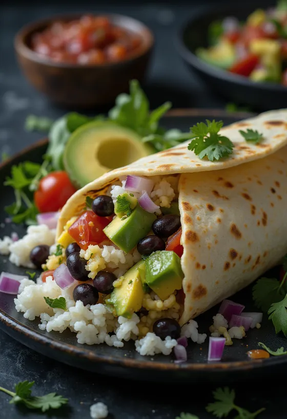 Burrito vegan diisi dengan nasi, kacang, alpukat, dan jagung