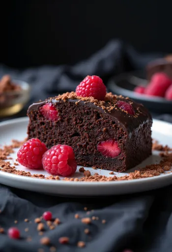 Kue cokelat raspberry vegan dihiasi dengan raspberry segar dan parutan cokelat