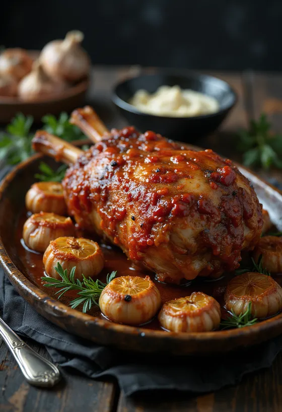 Daging domba panggang dengan ajvar, peterseli segar dan kentang panggang