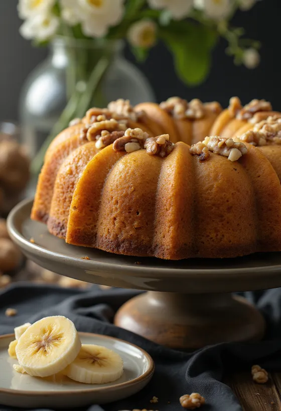 Kue bundt pisang kenari disajikan