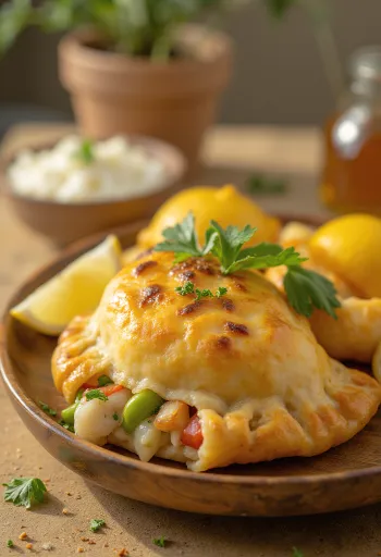 Empanada Ikan Chili, empanada ikan diisi dengan kaldu ikan, dalam adonan cokelat keemasan