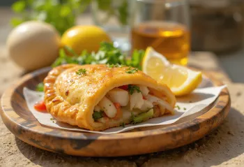 Empanada Ikan Chili, empanada ikan diisi dengan kaldu ikan, dalam adonan cokelat keemasan