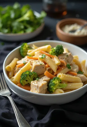 Pasta penne dan sayuran dalam saus krim dengan ayam