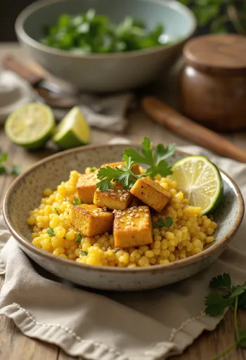 Quinoa bawang putih kari dengan tahu jeruk nipis