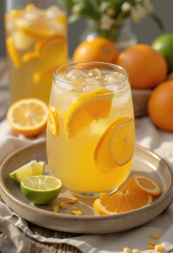 Gelas besar berisi sari buah apel dengan irisan lemon, jeruk, dan jeruk nipis