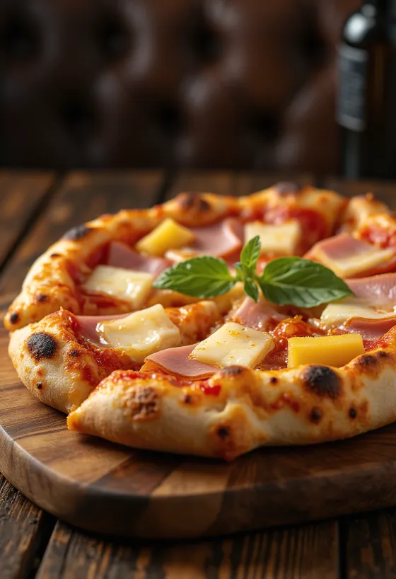 Hawaiian pizza dengan nanas dan daging sapi asap