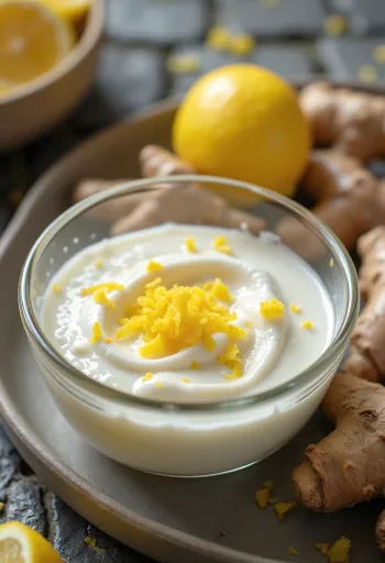 Saus yogurt jahe madu dalam mangkuk, disajikan dengan sayuran segar