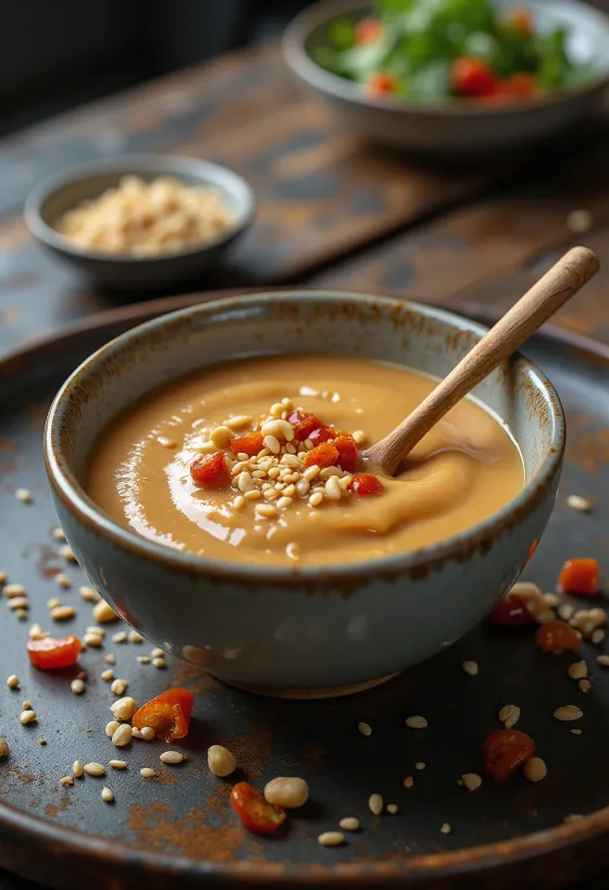 Saus kacang cokelat keemasan yang kental dan lembut