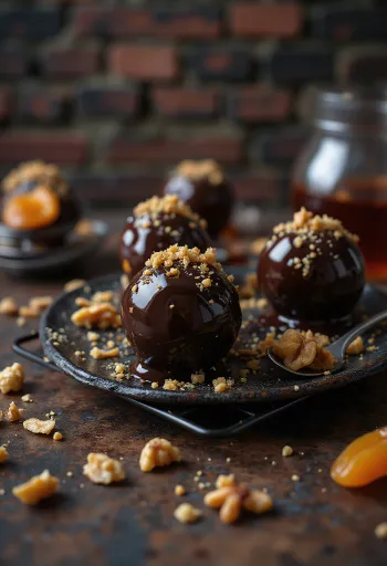 Bola-bola Gerbeaud dicelupkan ke dalam cokelat dan dihias dengan kenari