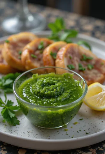 Saus Chimichurri disajikan dengan daging panggang