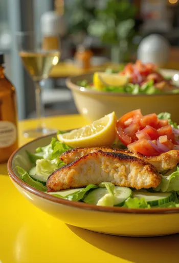 Salad ayam segar dengan sayuran renyah dan dada ayam panggang, dengan saus cuka balsamik.