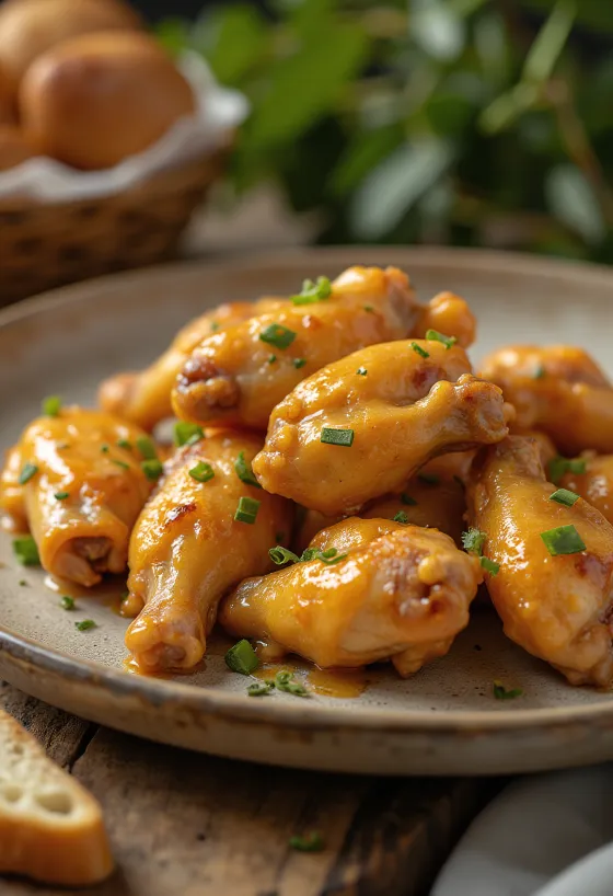 Tumpukan sayap ayam panggang dengan glasir keemasan