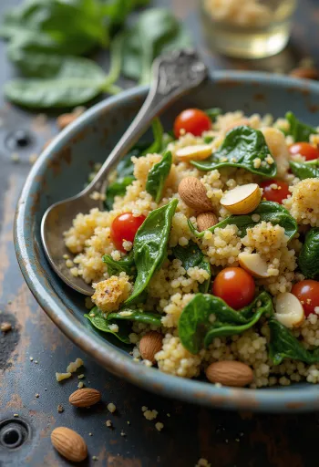 Salad quinoa bawang putih dengan bayam