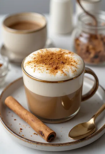 Mug keramik berisi chai latte rempah dengan busa susu
