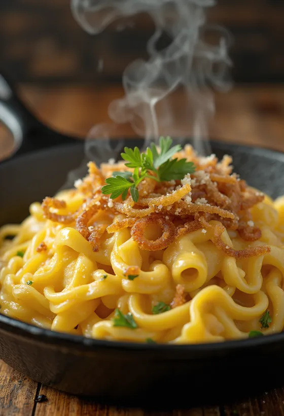 Käsespätzle, pasta keju Austria dengan daging asap dan bawang goreng