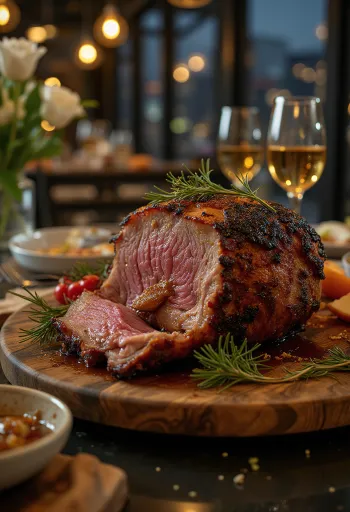 Sapi panggang dengan glasir madu disajikan dengan sayuran panggang.