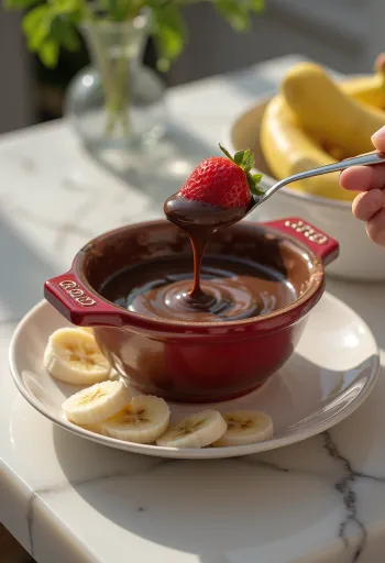 Fondue cokelat panas disajikan dengan buah-buahan dan potongan bolu.