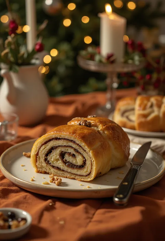 Irisan gulungan kenari yang baru dipanggang