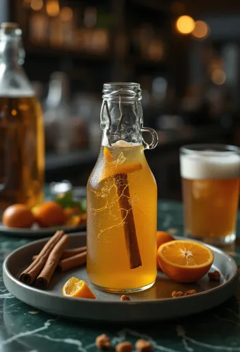 Botol kaca berisi sari buah apel rempah buatan sendiri