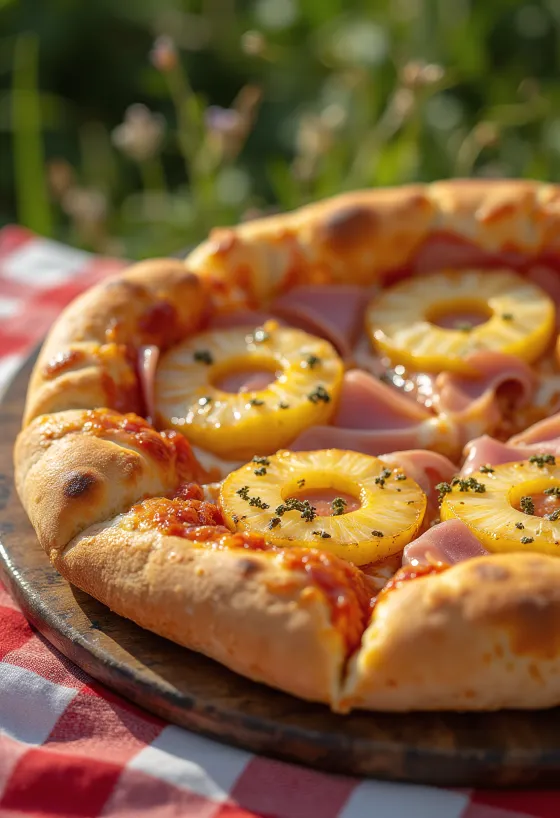 Pizza Hawaii klasik dengan nanas dan daging sapi asap