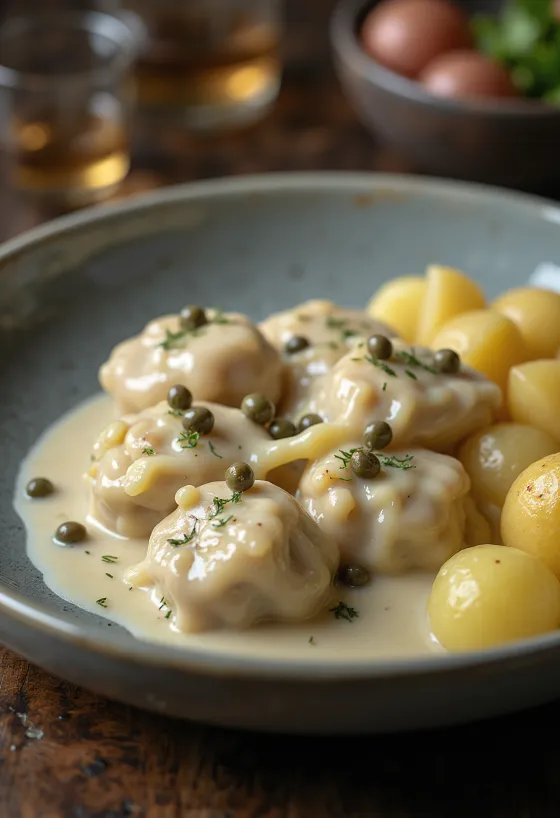 Königsberger Klopse disajikan dengan saus caper