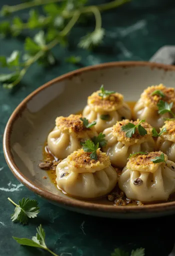 Pelmeni vegetarian Rusia disajikan dengan krim asam