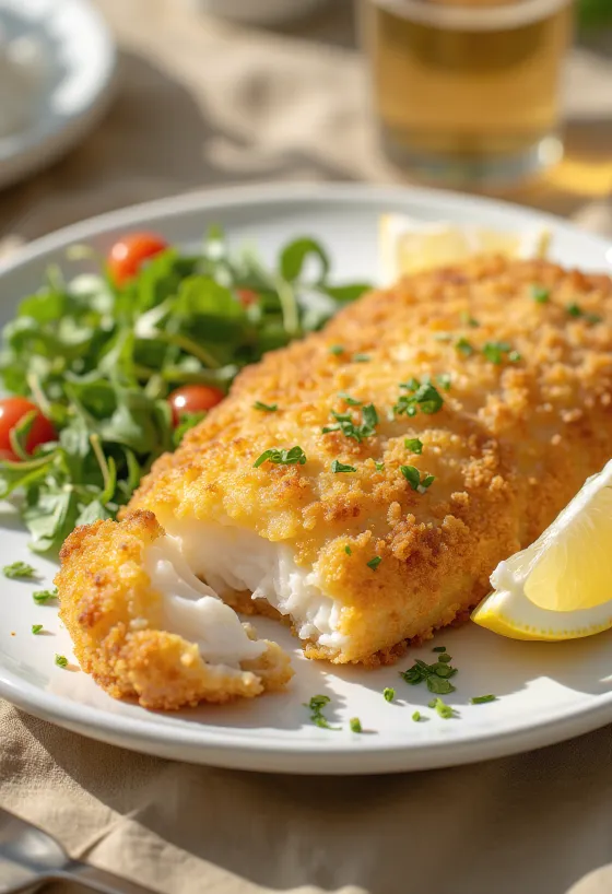 Fillet ikan goreng tepung renyah digoreng cokelat keemasan, disajikan dengan cincin lemon segar dan sayuran.