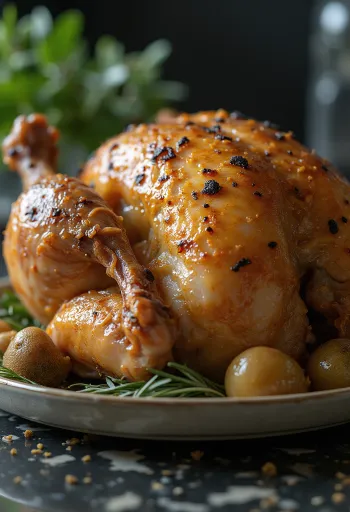 Ayam kebiri panggang dengan mentega truffle disajikan dengan sayuran panggang.